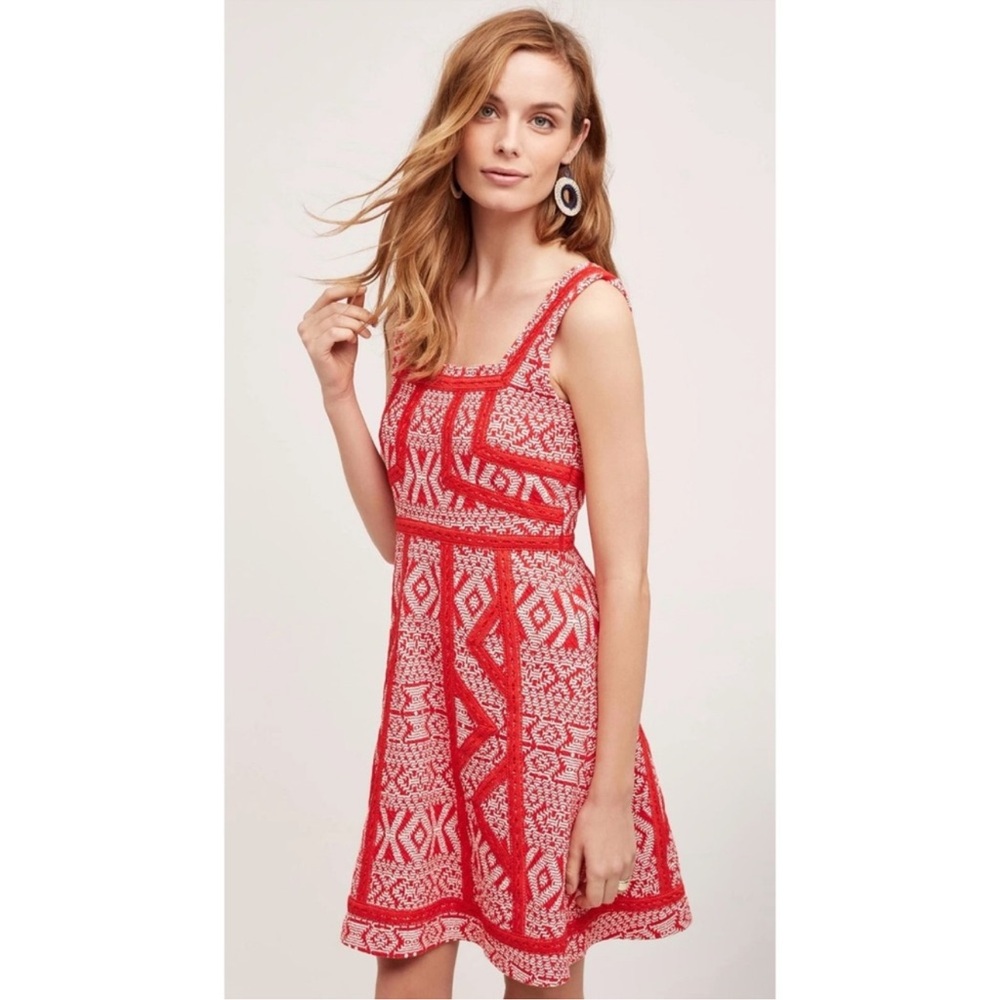Anthropologie Maeve Emma Red White Lace Square Neck Fit & Flare Dress 0P